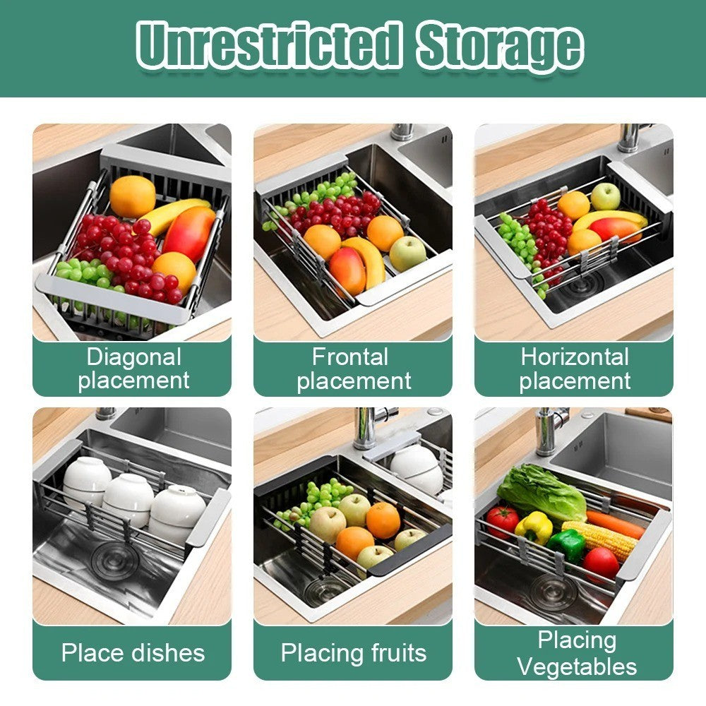 Retractable Stainless Steel Sink Drainer Rack Dish Drying Basket for Kitchen Fruits Vegetables