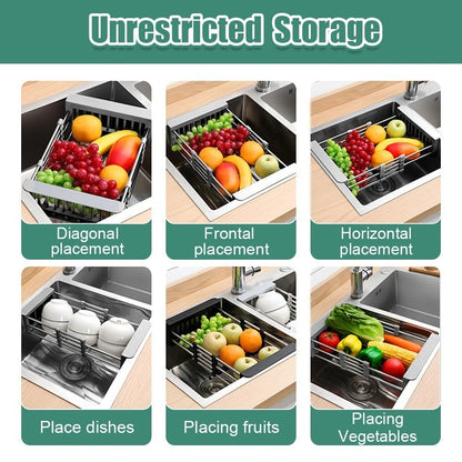 Retractable Stainless Steel Sink Drainer Rack Dish Drying Basket for Kitchen Fruits Vegetables