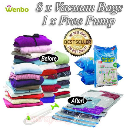 Wenbo Ultra Strong Resealable Vacuum Storage Bag (Set of 8 + 1 Air Pump ) Travel Bag Air Tight Space Compression