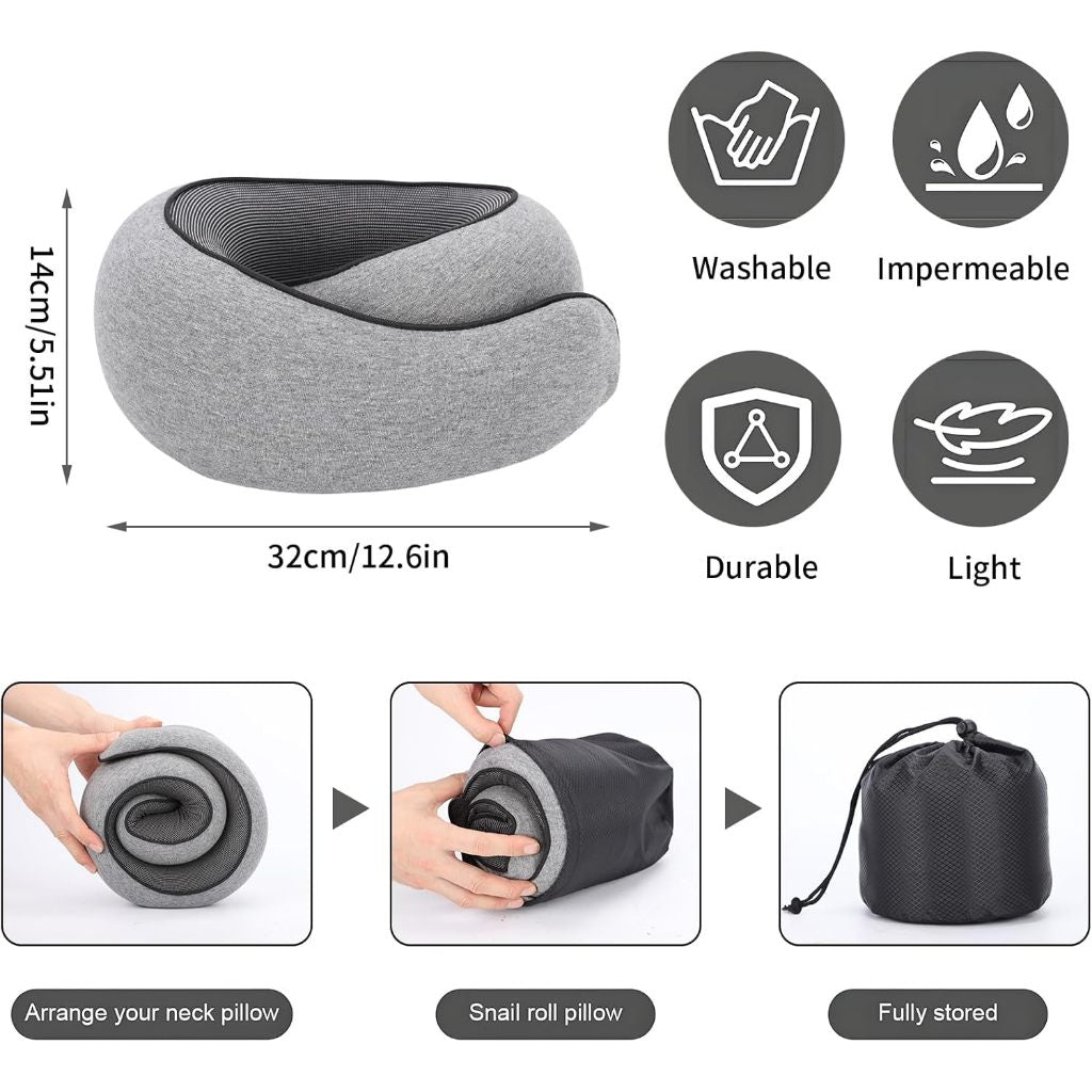 Travel Neck Pillow U-Shaped Cushion Portable Undeformable Snail Pillow with Storage Bag Airplane
