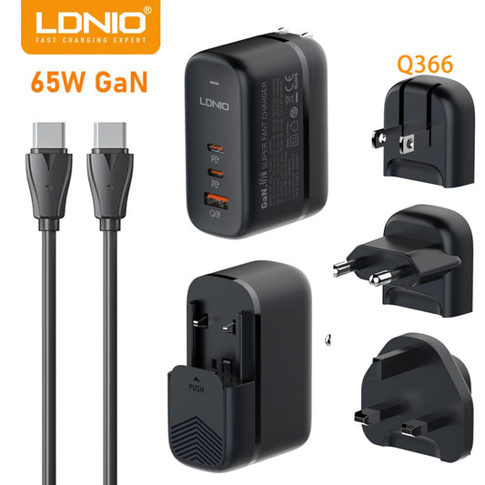 LDNIO Q366 65W GaN Travel Wall Charger with 3 Ports PD QC3.0 Super Fast Charge Type-C for Laptops, Phones, Tablets (Free Fast Charging Cable)