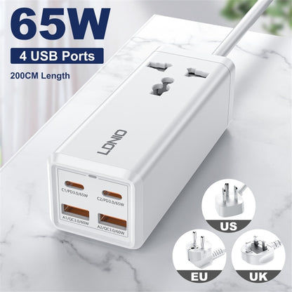 LDNIO SC1418 65W Extension Cable with UK 3-Pin Plug Fast Charging Dual PD+Dual QC3.0 Fast Charging Port Power