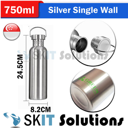 500ml 750ml Stainless Steel Sports Single Walled Water Bottle Metal Flask Screw Cap BPA Free Uninsulated Indoor Outdoor