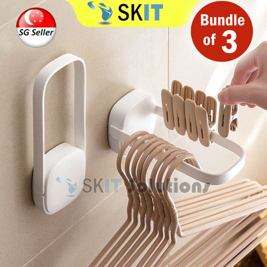 【BUNDLE OF 3】Foldable Clothes Hanger Storage Rack Self Adhesive Hook Drying Clip Punch-Free Wall Mount Organizer