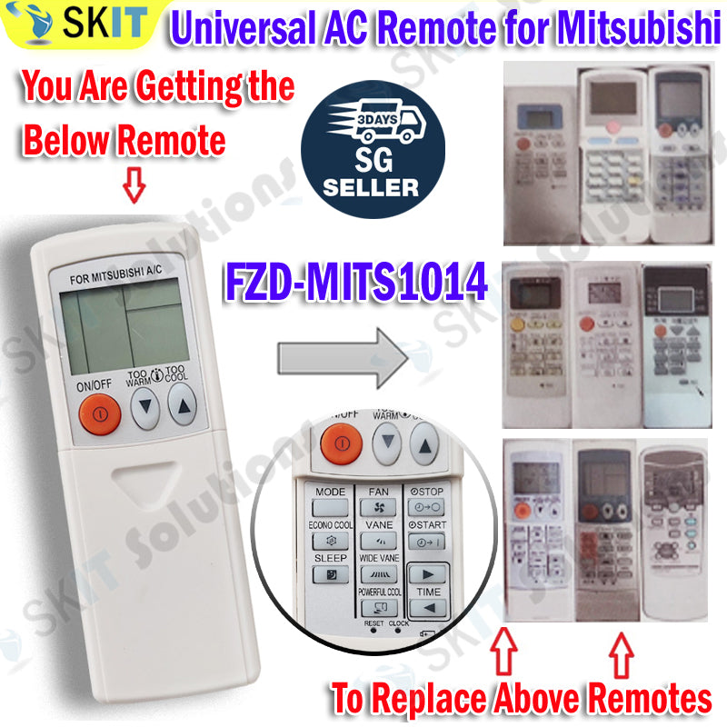 FZD-MITS1014 Universal Replacement MITSUBISHI Aircon Remote Control AC KP3AS MP04A KD06ES RKT502A420
