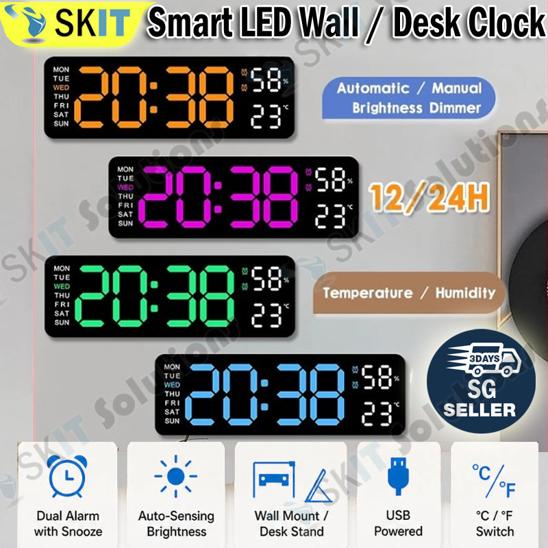 Smart LED Digital Wall Desk Clock Large Display Alarm Temperature Humidity 12 24H Auto Dimmer Timer