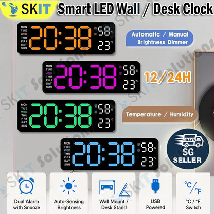 Smart LED Digital Wall Desk Clock Large Display Alarm Temperature Humidity 12 24H Auto Dimmer Timer