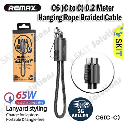 0.2 Meter Remax C6 Type C to Type C 65W Super Fast Charging Data Sync Charger Hanging Rope Braided Cable