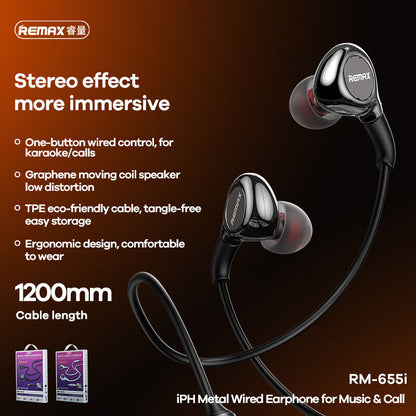 Remax Metal Wired Earphone Rm-655I (For I-Phone) Hd Sound Quality For Call Music with Volume Control