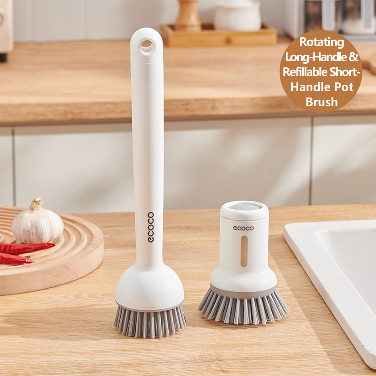 Ecoco Short / Long Pot Brush Rotating Handle Refillable Liquid Household Kitchen Cleaning Washing