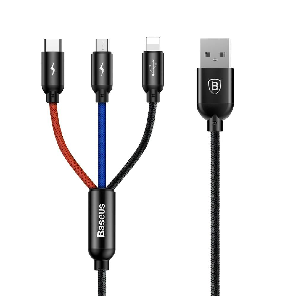 Baseus Three Primary Colors 3-in-1 Cable 30cm / 1.2 Meters 3.5A Quick Charging USB Cable For iP + Micro + Type-C