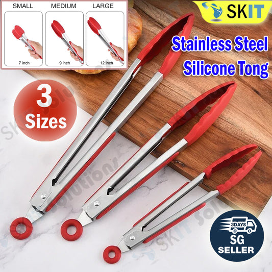 7/9/12 Inch Silicone Stainless Steel Food Tong Non Slip Heat Resistant BBQ Grill Salad Kitchen Tongs
