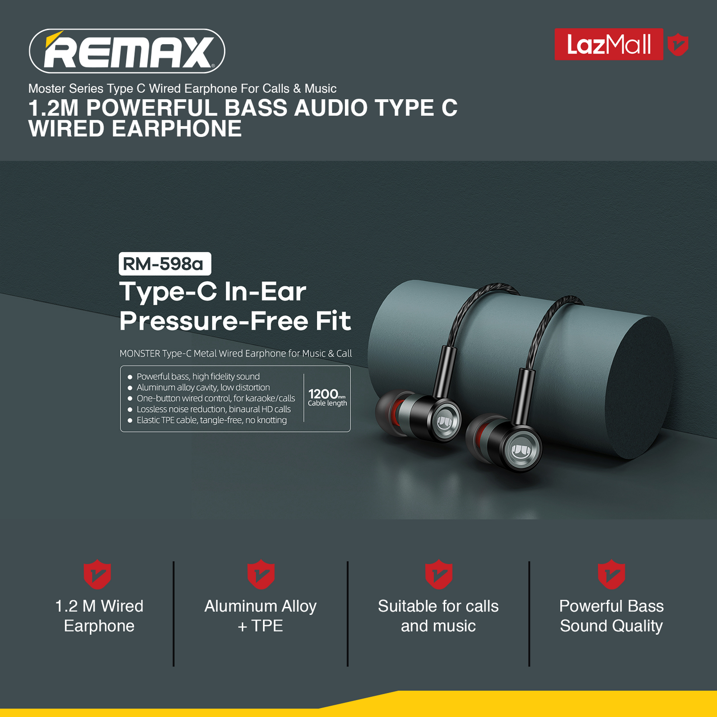 【SKIT SG】Remax RM-598a MONSTER Series Powerful Bass Type-C Metal Wired Earphone for Music & Call