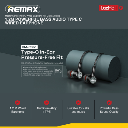 【SKIT SG】Remax RM-598a MONSTER Series Powerful Bass Type-C Metal Wired Earphone for Music & Call