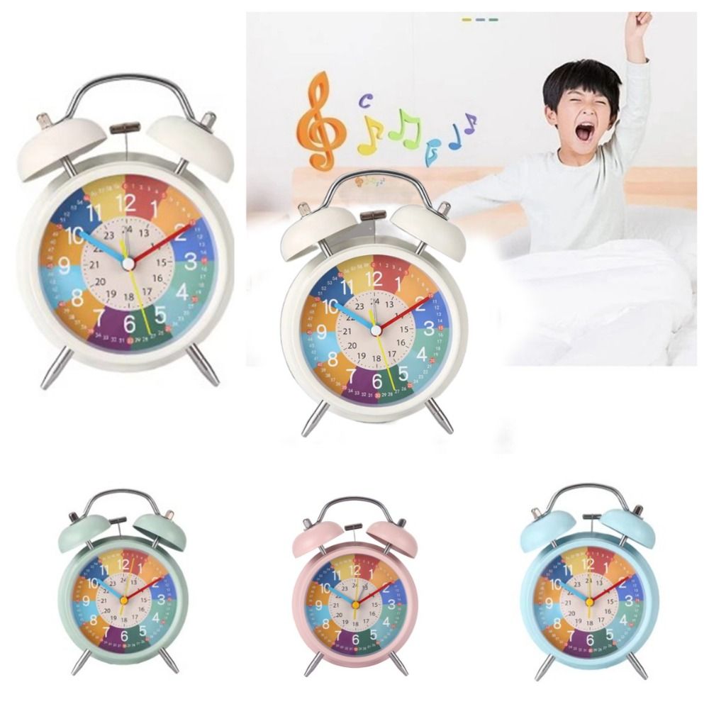 4 Inch Cute Double Bell Kids Alarm Clock Mute Cartoon Educational Night Light Table Clock Boys Girls