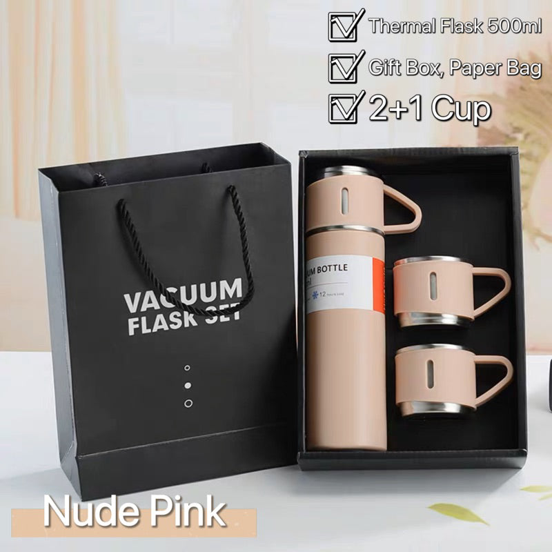 3in1 Thermal Flask Gift Set 500ml SUS304 Vacuum Insulated Water Bottle 3 Cups Christmas Corporate