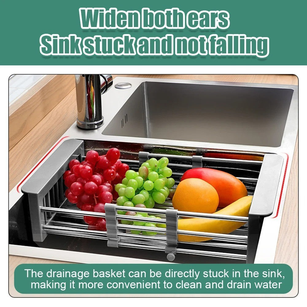 Retractable Stainless Steel Sink Drainer Rack Dish Drying Basket for Kitchen Fruits Vegetables