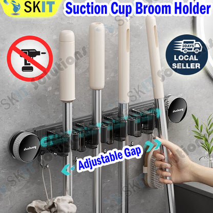 Suction Cup Broom Holder Wall Mounted No Drill Mop Brush Hanger Bathroom Storage Hook Cleaning Tool