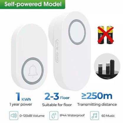 Self Powered / Button Battery Wireless Doorbell Door Bell Waterproof 3 Pin Plug 60 Chimes 350M 120dB