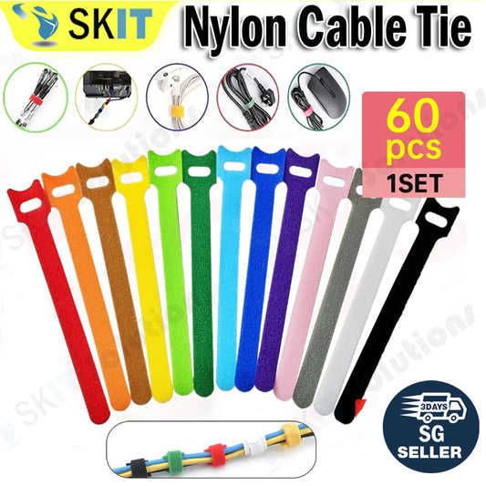60pcs T-Type Velcro Nylon Cable Ties Reusable Adjustable Hook Loop Wire Management Cord Organizer
