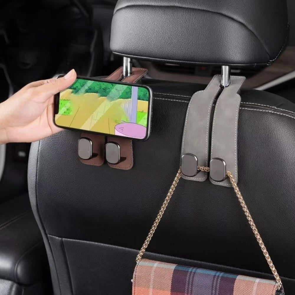 Suede Leather Metal Double Hook Bag Holder Hanger for Car Back Seat Headrest Interior Accessories