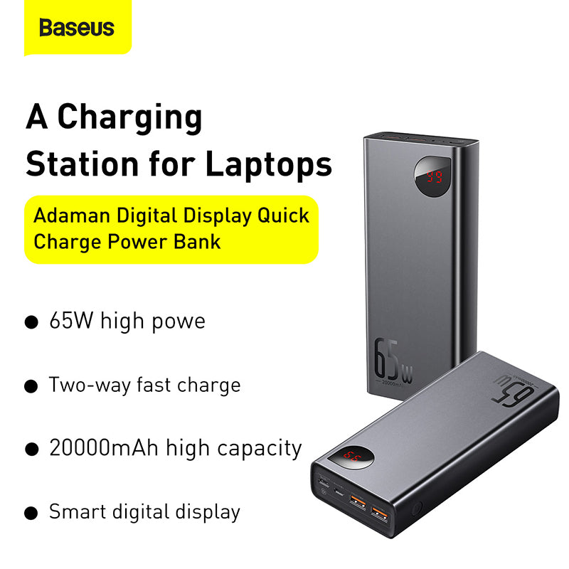 Baseus 65W 20000mAh Quick Charge Power Bank Adaman Digital Display PD3.0+QC3.0 Fast Charging Portable Power Bank
