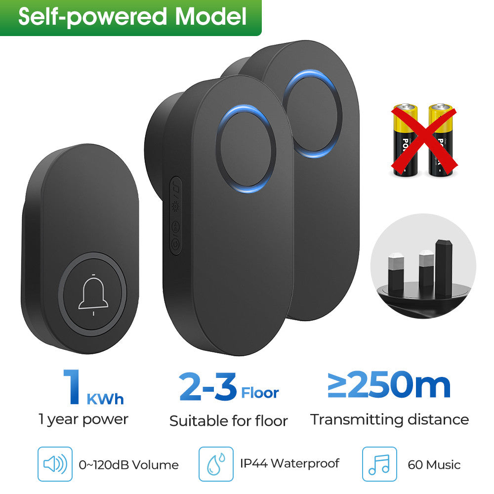 Self Powered / Button Battery Wireless Doorbell Door Bell Waterproof 3 Pin Plug 60 Chimes 350M 120dB