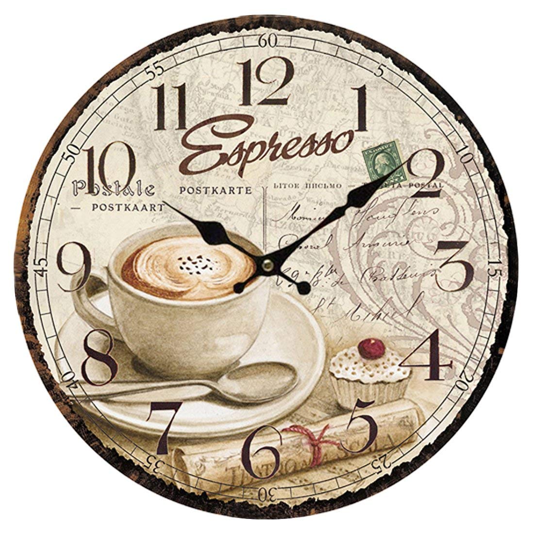 12" Vintage Retro Wall Clock Silent MDF Wooden Quartz Rustic Kitchen Living Room Decorative Battery