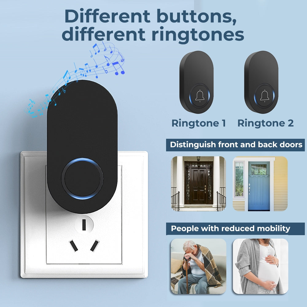 Self Powered / Button Battery Wireless Doorbell Door Bell Waterproof 3 Pin Plug 60 Chimes 350M 120dB