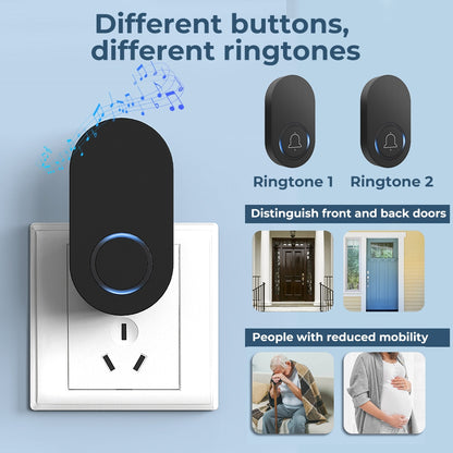 Self Powered / Button Battery Wireless Doorbell Door Bell Waterproof 3 Pin Plug 60 Chimes 350M 120dB