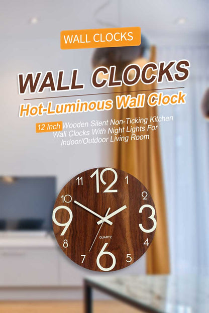 12 Inch Luminous Minimalist Designer Wooden Quartz Wall Clock Dark Glowing Silent Non-Ticking