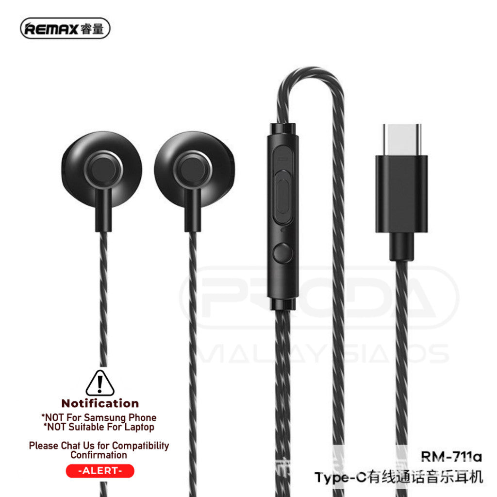 Remax RM-711A Type-C Wired Earphone Powerful Bass Music Call Stereo Volume Control Microphone Type C