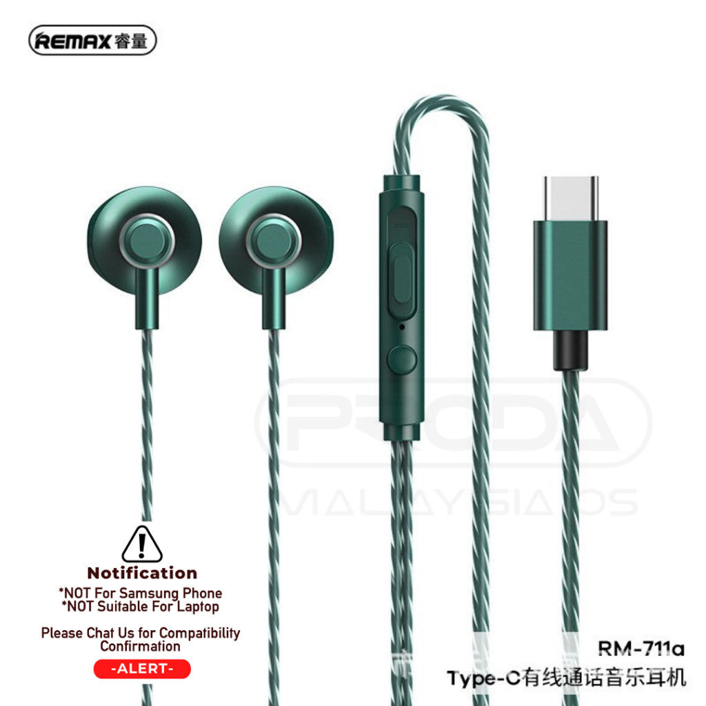 Remax RM-711A Type-C Wired Earphone Powerful Bass Music Call Stereo Volume Control Microphone Type C