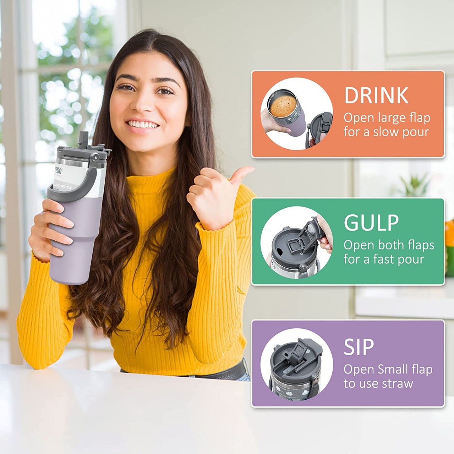 600ml 900ml TYESO Thermal Tumbler Stainless Steel Vacuum Insulated Bottle Handle Straw Keep Hot Cold