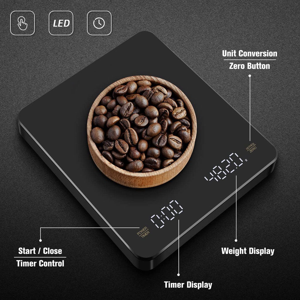 3KG/5KG Coffee Scale Accuracy 0.1g USB Rechargeable Timing LED Display Digital Kitchen Food Weighing Jewelry Cooking