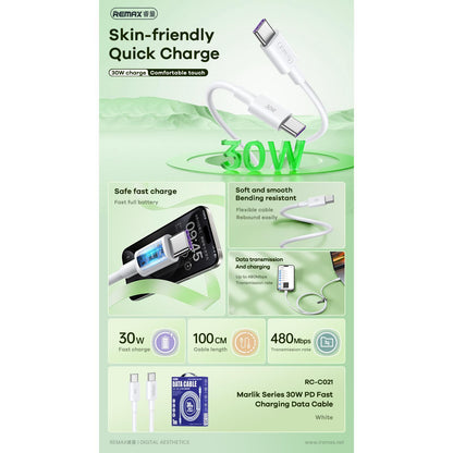 1M/2M Remax RC-C021 30W Super Fast Charging Cable PD Type C To Type C Data Sync C to C Cable Charger