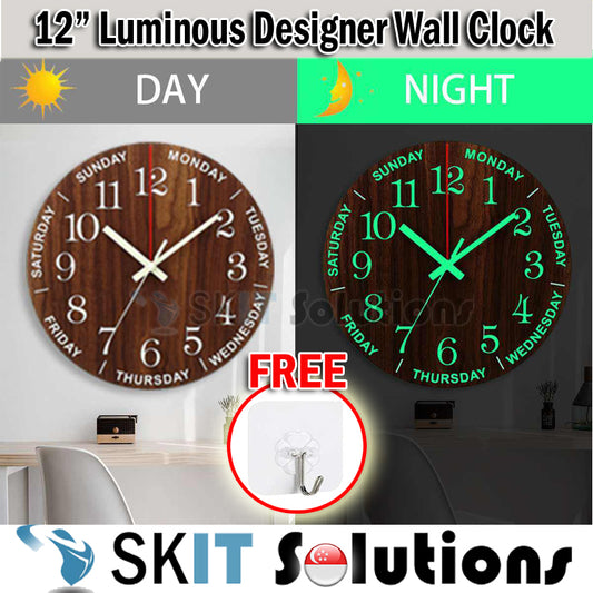 12 Inch Luminous Minimalist Designer Wooden Quartz Wall Clock Dark Glowing Silent Non-Ticking Home