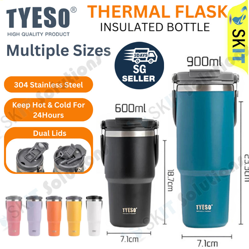 600ml 900ml TYESO Thermal Tumbler Stainless Steel Vacuum Insulated Bottle Handle Straw Keep Hot Cold
