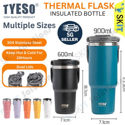 600ml 900ml TYESO Thermal Tumbler Stainless Steel Vacuum Insulated Bottle Handle Straw Keep Hot Cold