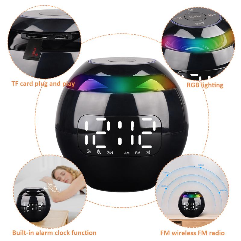 Mini Ball Wireless LED Display Alarm Clock Bluetooth 5.0 Speaker TF Card FM Radio Music Player Mic