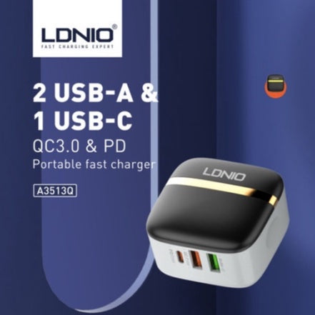 LDNIO 3-Port 32W Fast USB Wall Charger QC3.0 & PD A3513Q 1 USB-C & 2 USB-A with FREE USB Type-C Cable
