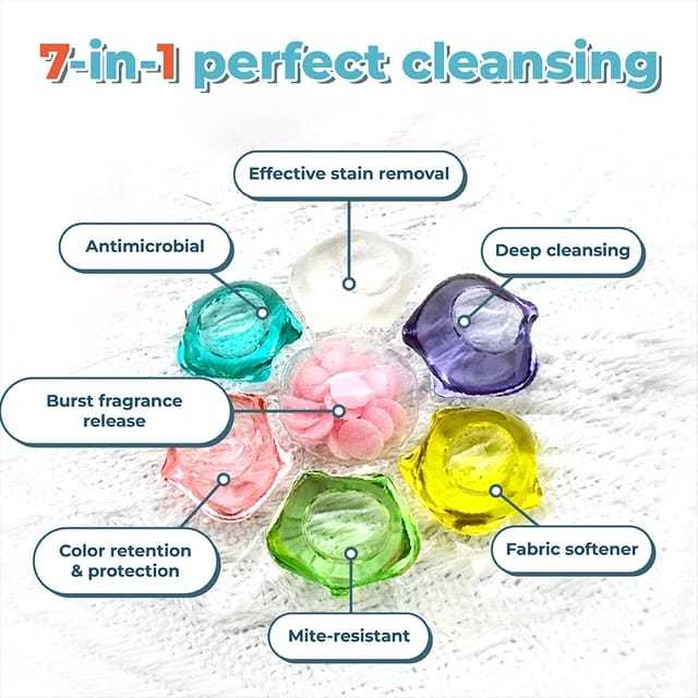 50Pcs 7 in 1 Laundry Beads Detergent Capsule Pods Bacteria Mite Removal Fabric Softener Wash Clothes