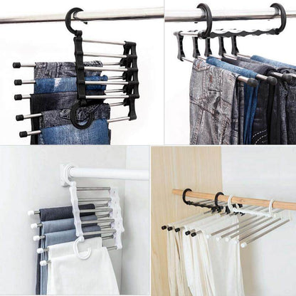 5in1 Foldable Retractable Stainless Steel Hanger Space Saving for Wardrobe Rack Jeans Pants Trousers Tie Scarf Towel