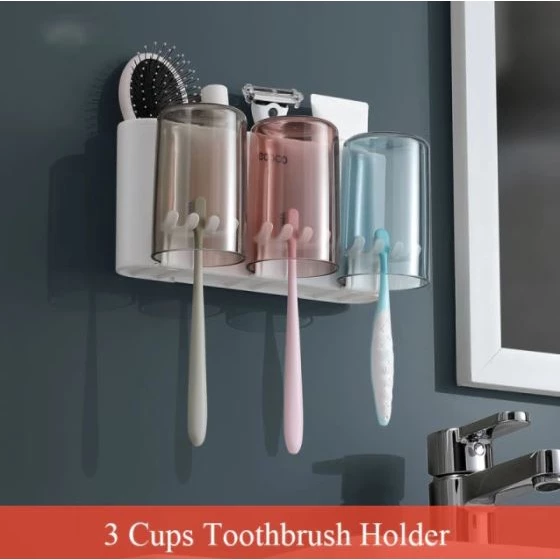 Ecoco Wall Mount Toothbrush Holder With Cups Storage Box Automatic Toothpaste Dispenser Squeezer