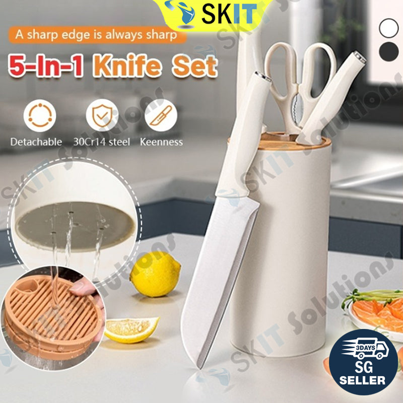 5in1 Kitchen Knife Set Stainless Steel Chef Utility Santoku Paring Knife Scissors with Detachable Holder