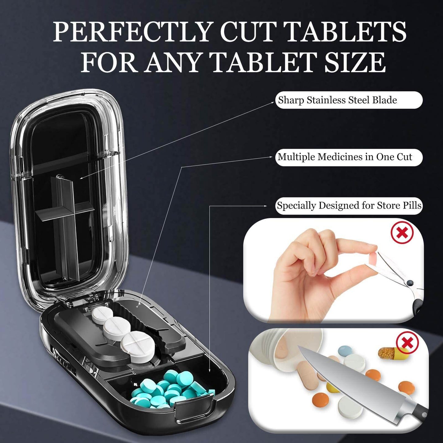 Adjustable Pill Cutter Splitter Quartering Crusher with Storage Box Medicine Tablet Divider Organizer