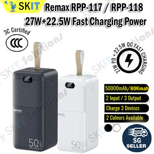 [3CCC] REMAX RPP-117 50000mAh / RPP-118 80000mAh High-Capacity Powerbank 3 Outputs 2 Inputs PD27W+QC22.5W Power Bank 3C