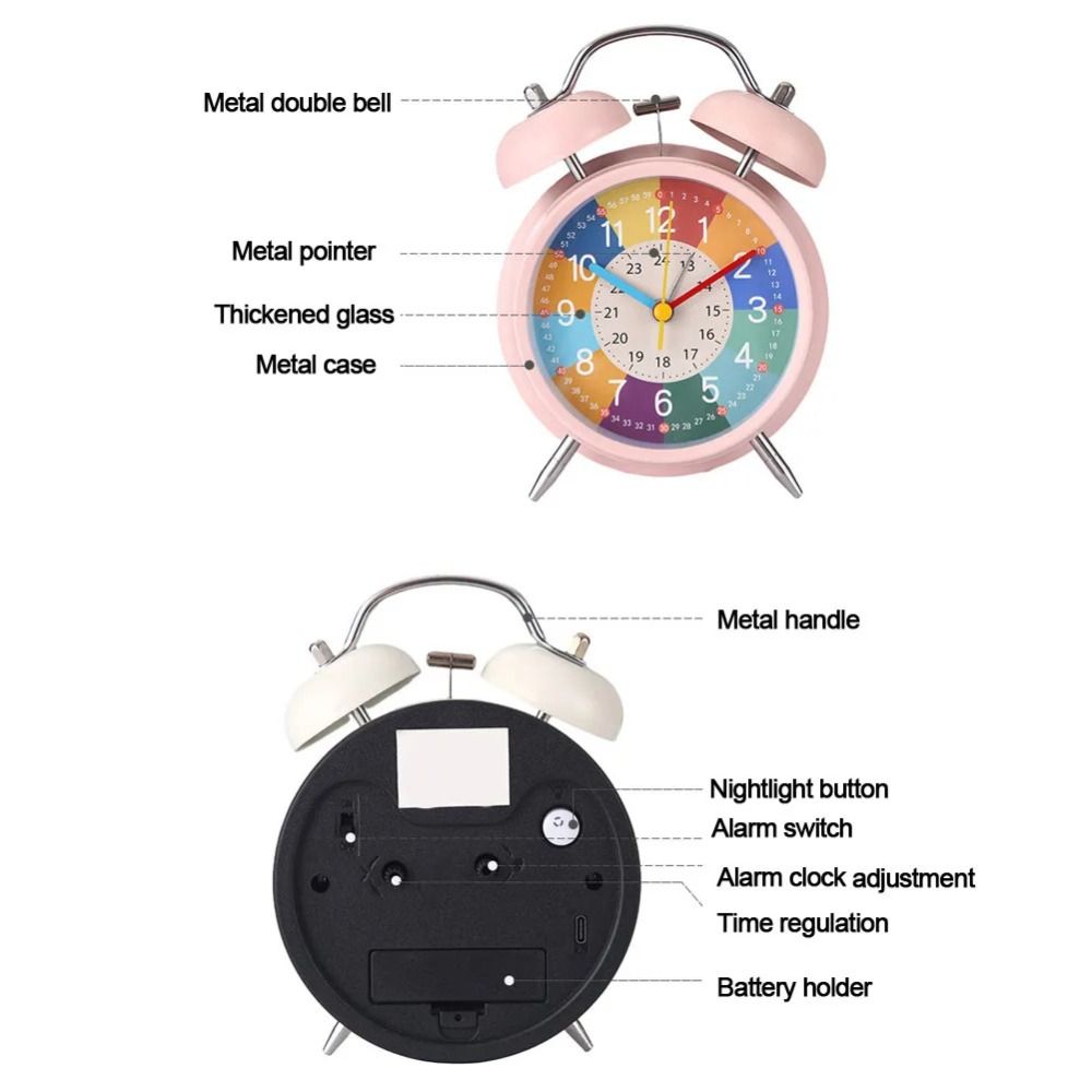 4 Inch Cute Double Bell Kids Alarm Clock Mute Cartoon Educational Night Light Table Clock Boys Girls