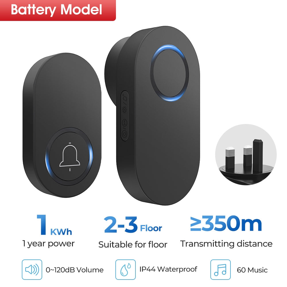 Self Powered / Button Battery Wireless Doorbell Door Bell Waterproof 3 Pin Plug 60 Chimes 350M 120dB