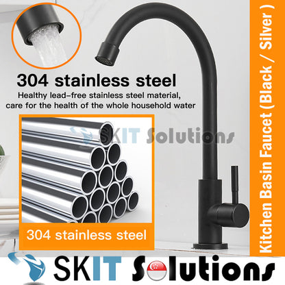 Kitchen 304 Stainless Steel Faucet Basin Tap Premium Quality Bathroom Single Lever Cold Water 360 Degree Rotatable